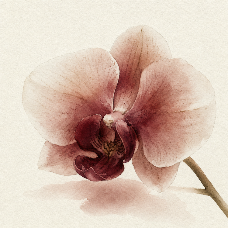 Watercolor of a single open orchid bloom, burgundy at the throat fading to clay at the petal edges