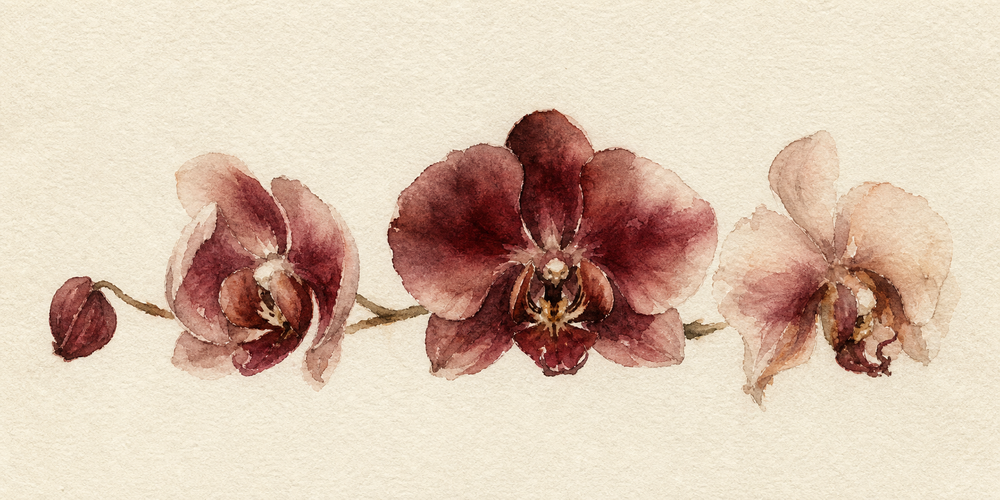 Watercolour row of three orchid blooms and a closed bud on warm paper