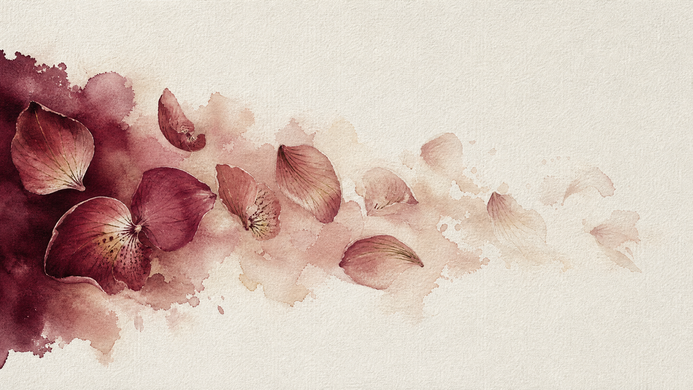 Watercolour orchid petals drifting across warm paper, dense burgundy at the left dissolving to bare paper at the right