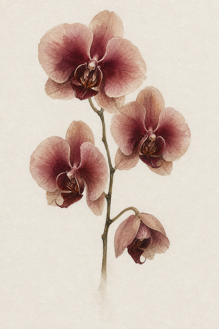 Watercolour painting of a phalaenopsis orchid stem, three open blooms in burgundy and clay with a fourth bud bowing below