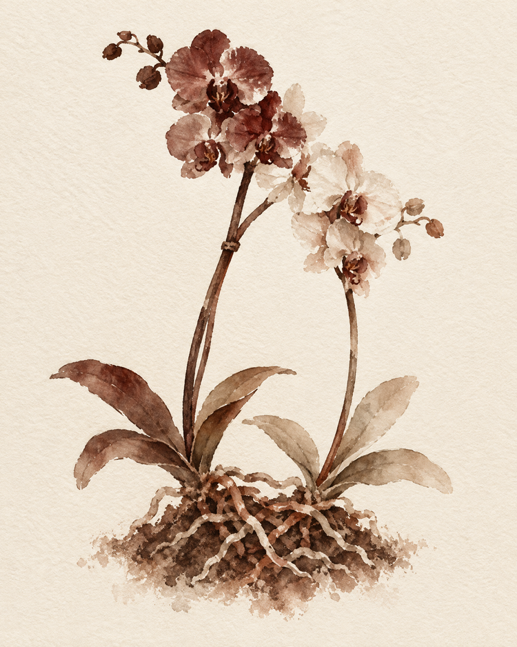 Watercolor of two orchid stems leaning toward each other, their roots woven together in the same soil