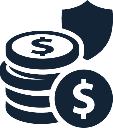 Stack of coins with dollar signs and a shield