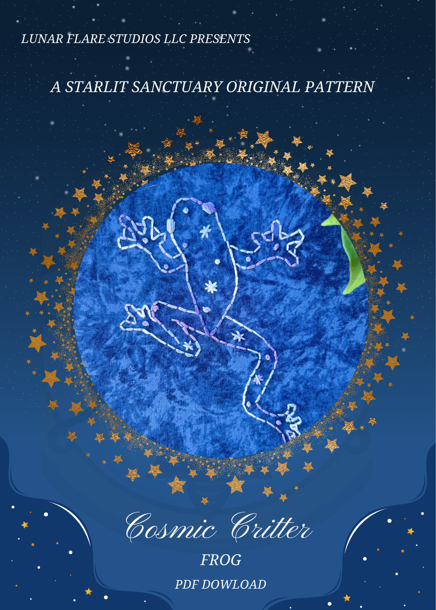 Cosmic Critter Hand Embroidery PDF Downloadable Pattern: The Frog