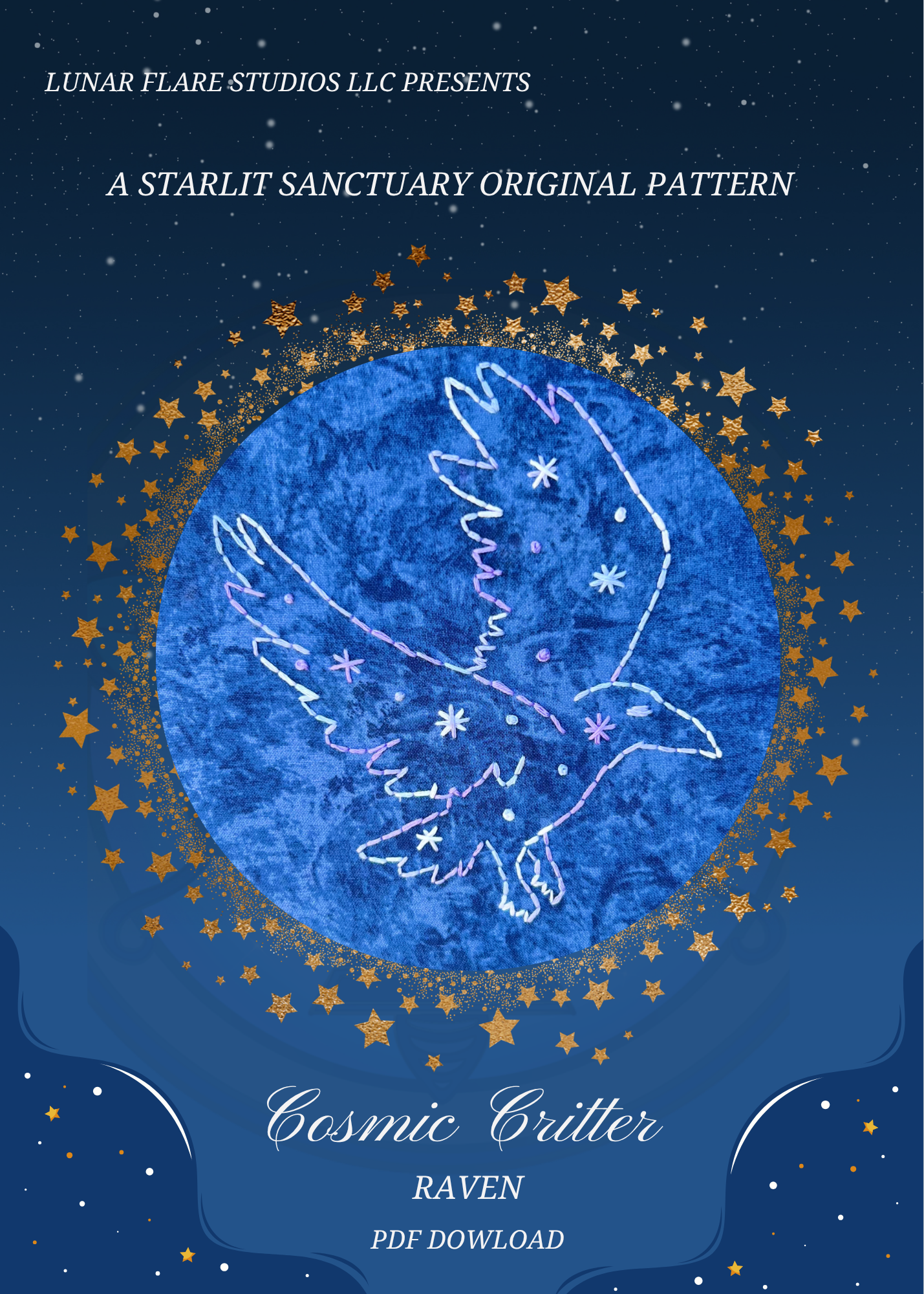 Cosmic Critter Hand Embroidery PDF Downloadable Pattern: The Raven