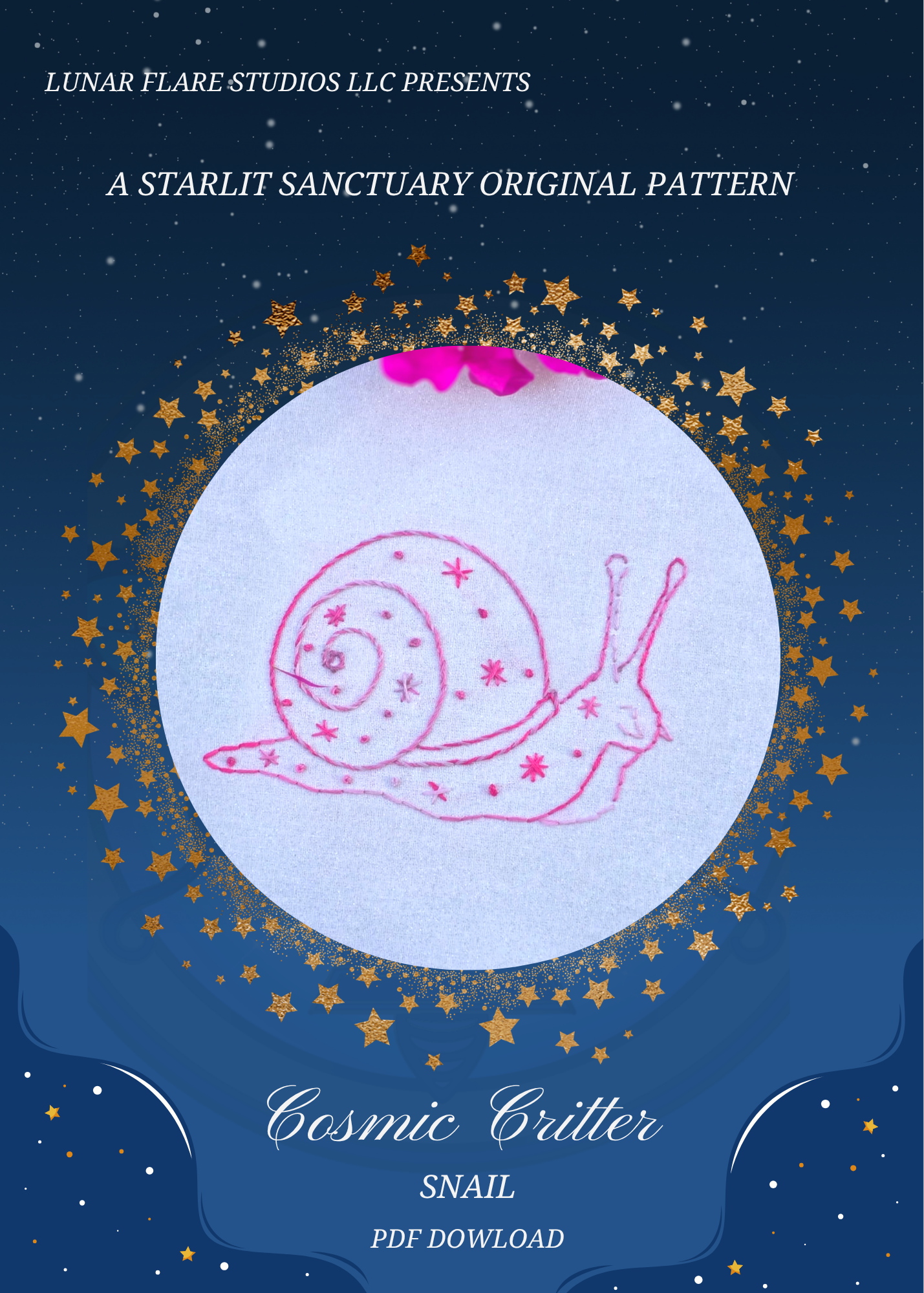 Cosmic Critter Hand Embroidery PDF Downloadable Pattern: The Snail