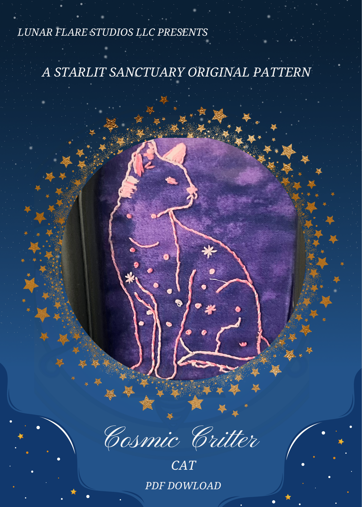 Cosmic Critter Hand Embroidery PDF Downloadable Pattern: The Cat