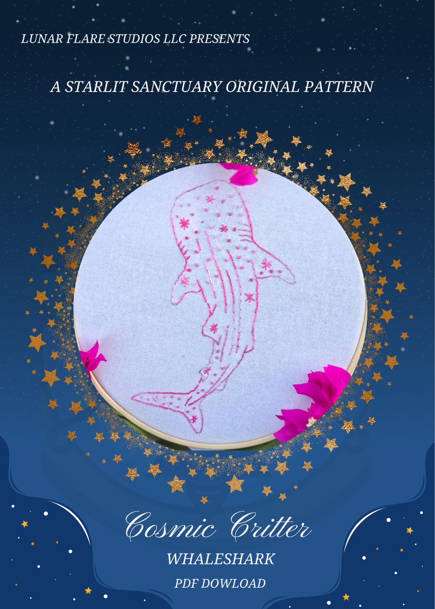 Cosmic Critter Hand Embroidery PDF Downloadable Pattern: The Whaleshark