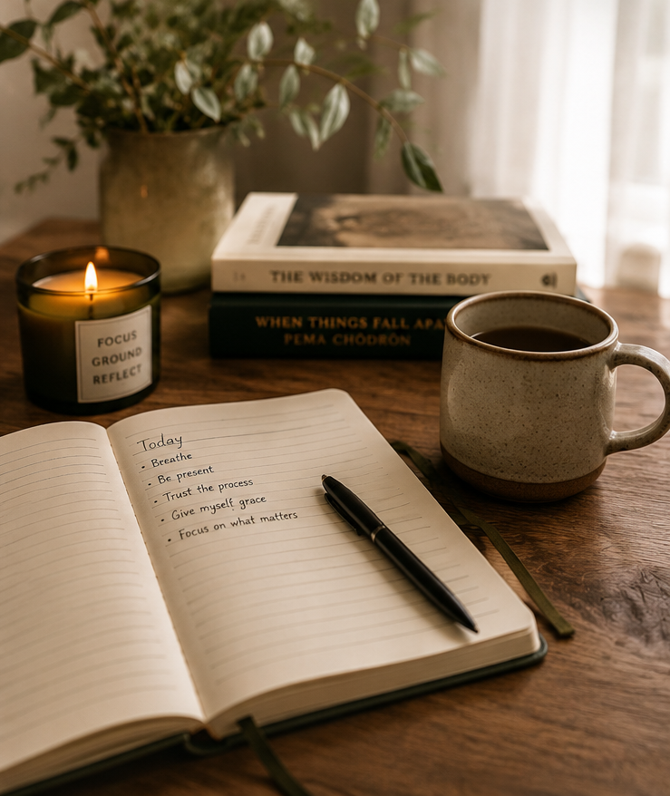A cozy workspace with an open journal containing handwritten notes, a black pen, a ceramic mug filled with coffee, a lit candle, a potted plant, and two stacked books on a wooden table near a window.