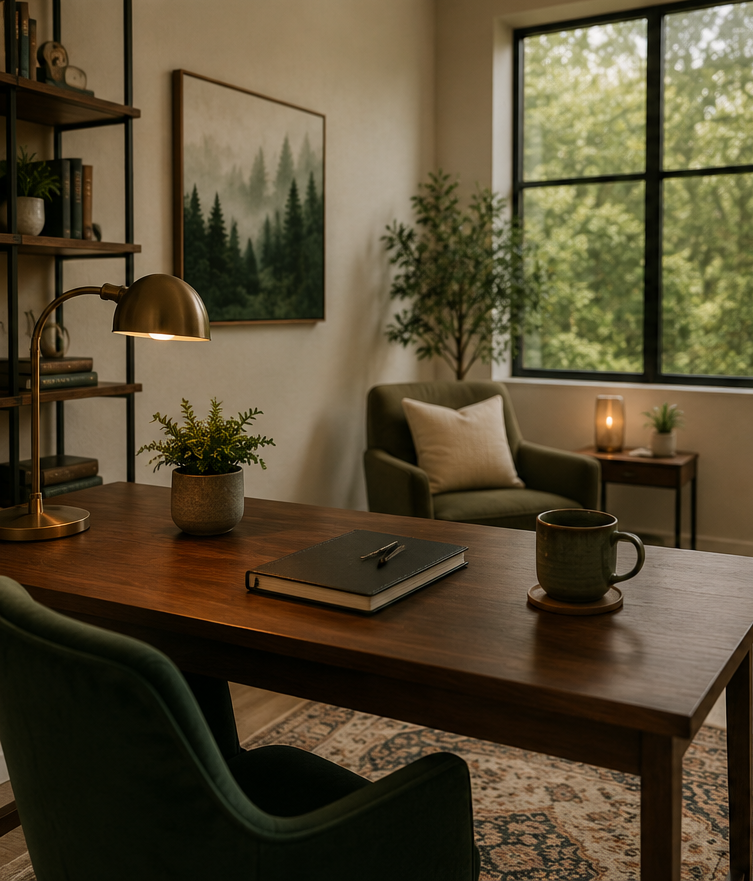 Home office with wooden desk, green chair, black notebook, pen, ceramic mug, potted plant, bookshelf, wall art, armchair, side table, lamp, window with greenery outside.