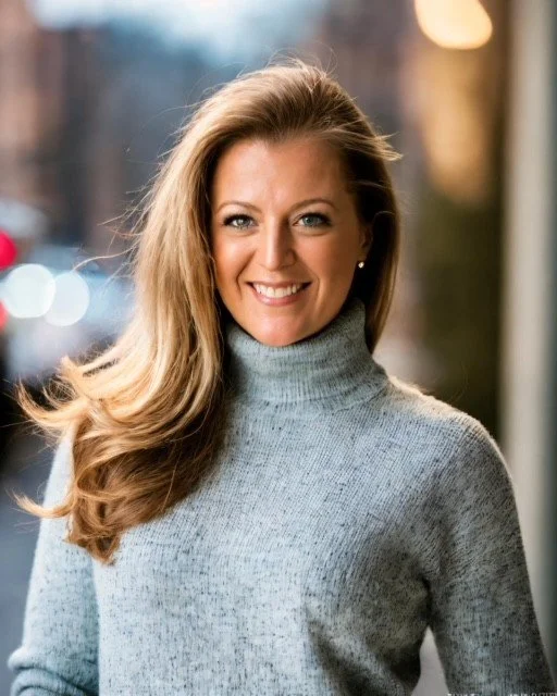 Smiling woman with long blonde hair wearing a gray turtleneck sweater indoors near a window.