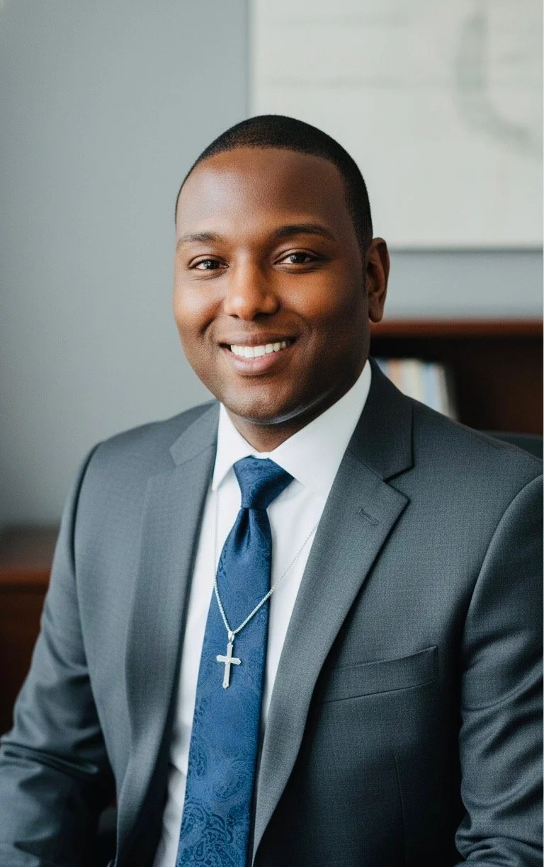 Director of faith-based recovery program wearing gray suit and cross necklace, professional headshot.