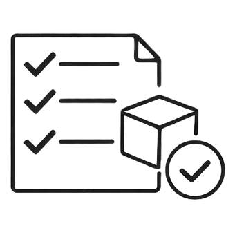 Checklist with three checked items and a cube with a checkmark, representing tasks and verification.