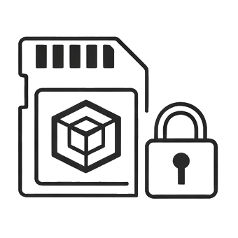 Outline of a software box with a logo, a lock symbol, and a file icon.