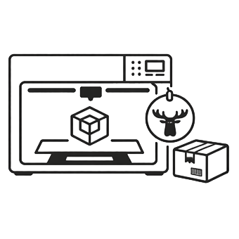 Line drawing of a 3D printer, a small cube, a robot head, and a box connected by a wire.