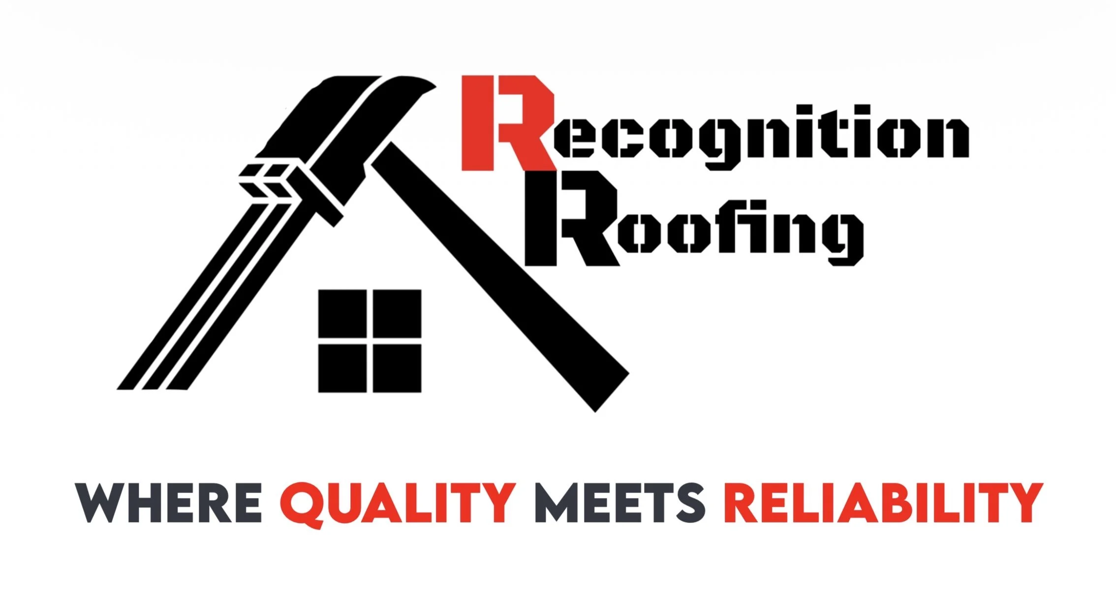 Logo for Reconstruction Roofing featuring a stylized hammer, a small house window, and the company slogan 'Where Quality Meets Reliability' with the words 'Quality' and 'Reliability' in red.