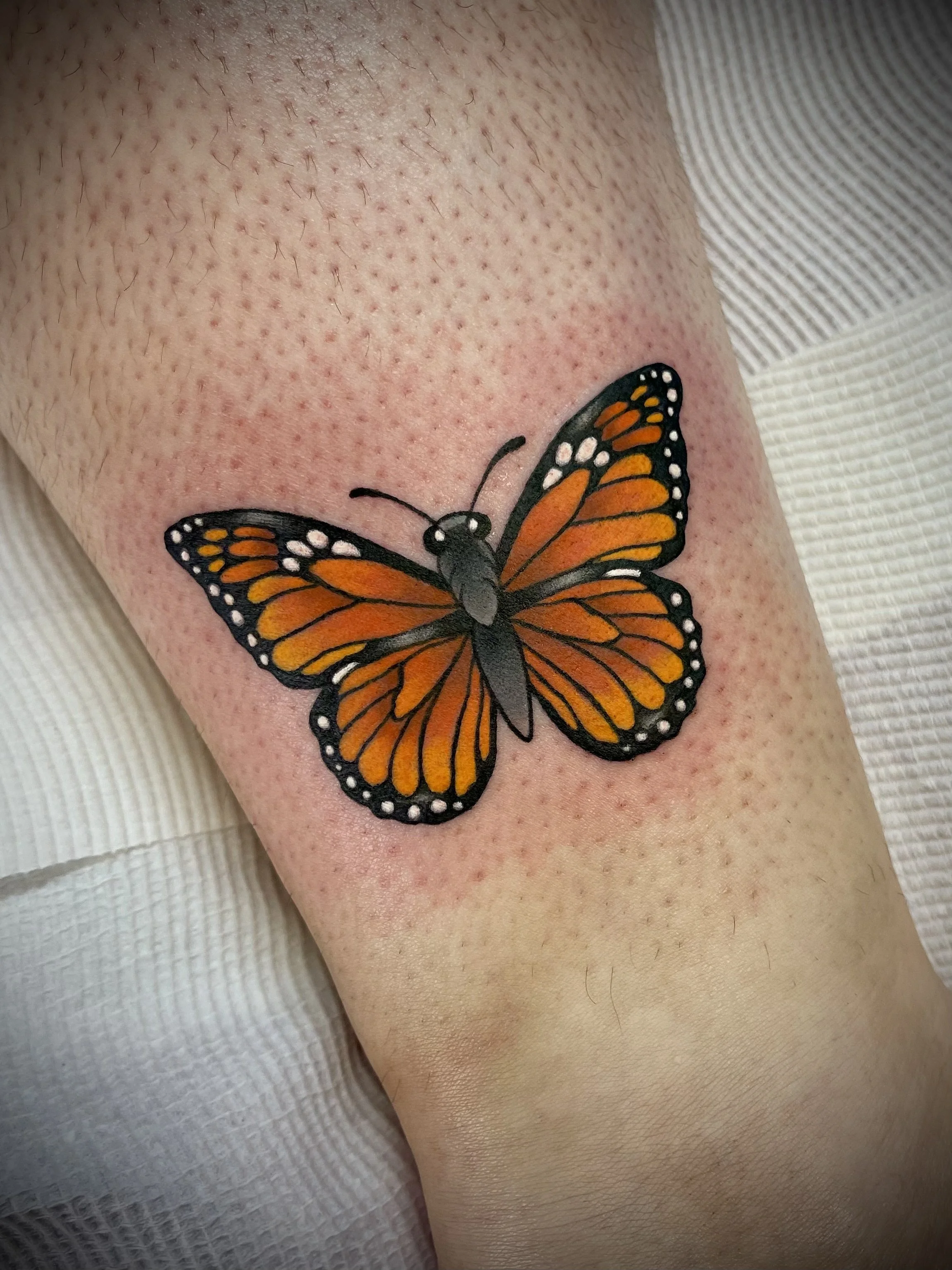Beautiful orange colour butterfly tattoo designed by Leasy Tattoo Newcastle