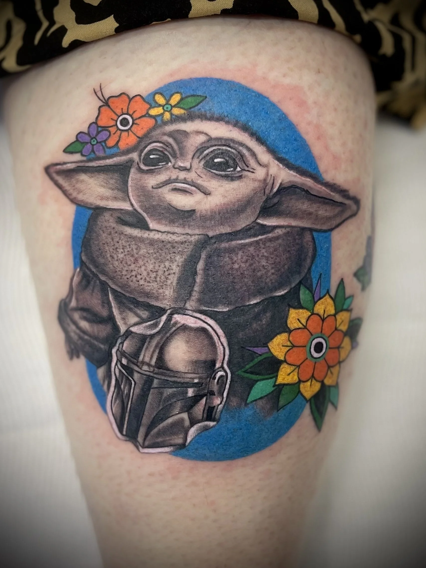 Illustrative realism colour grogu starwars tattoo designed by Leasy Tattoo Newcastle 