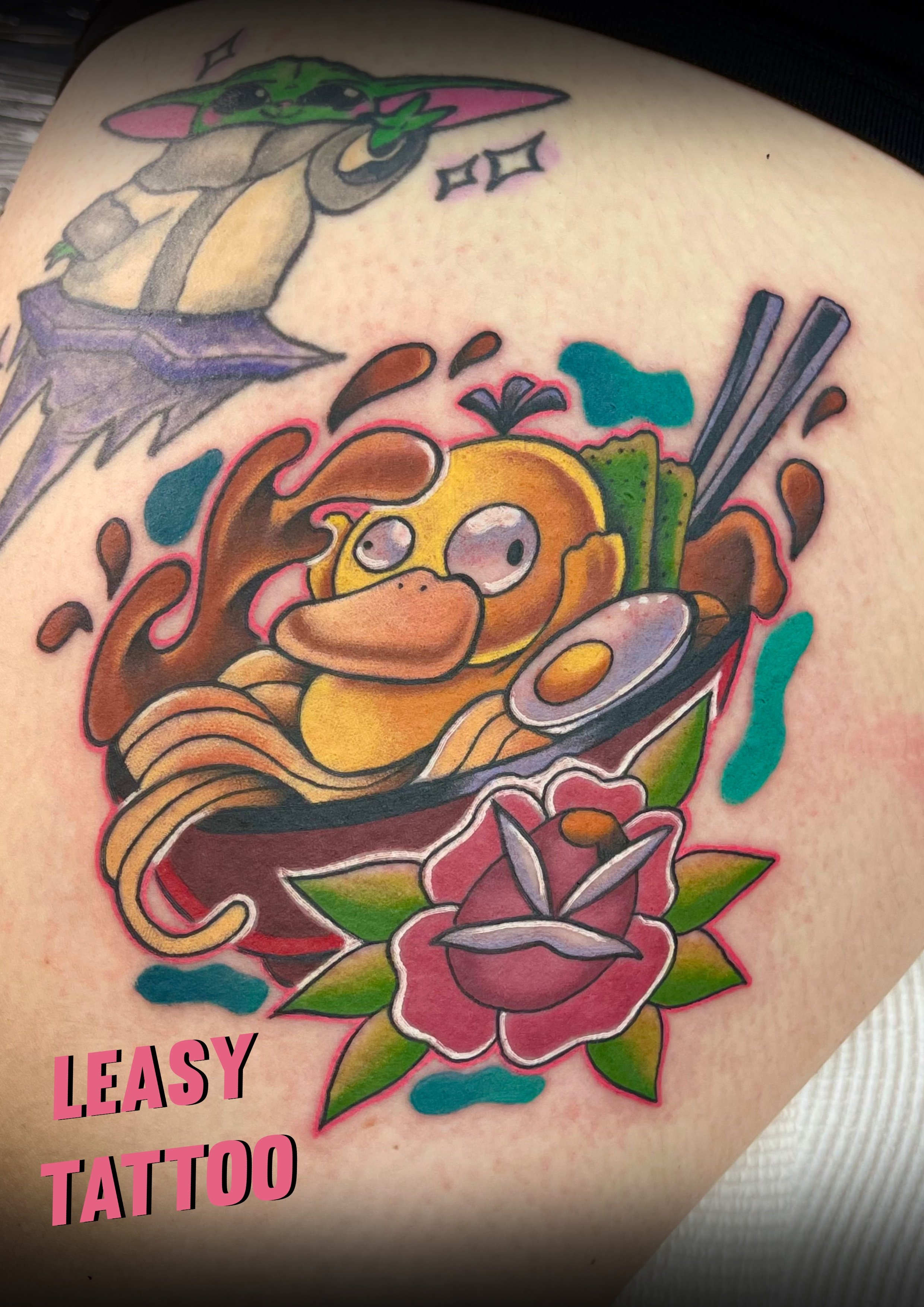Pokemon psyduck ramen colour cartoon tattoo By Leasy Tattoo Newcastle NSW