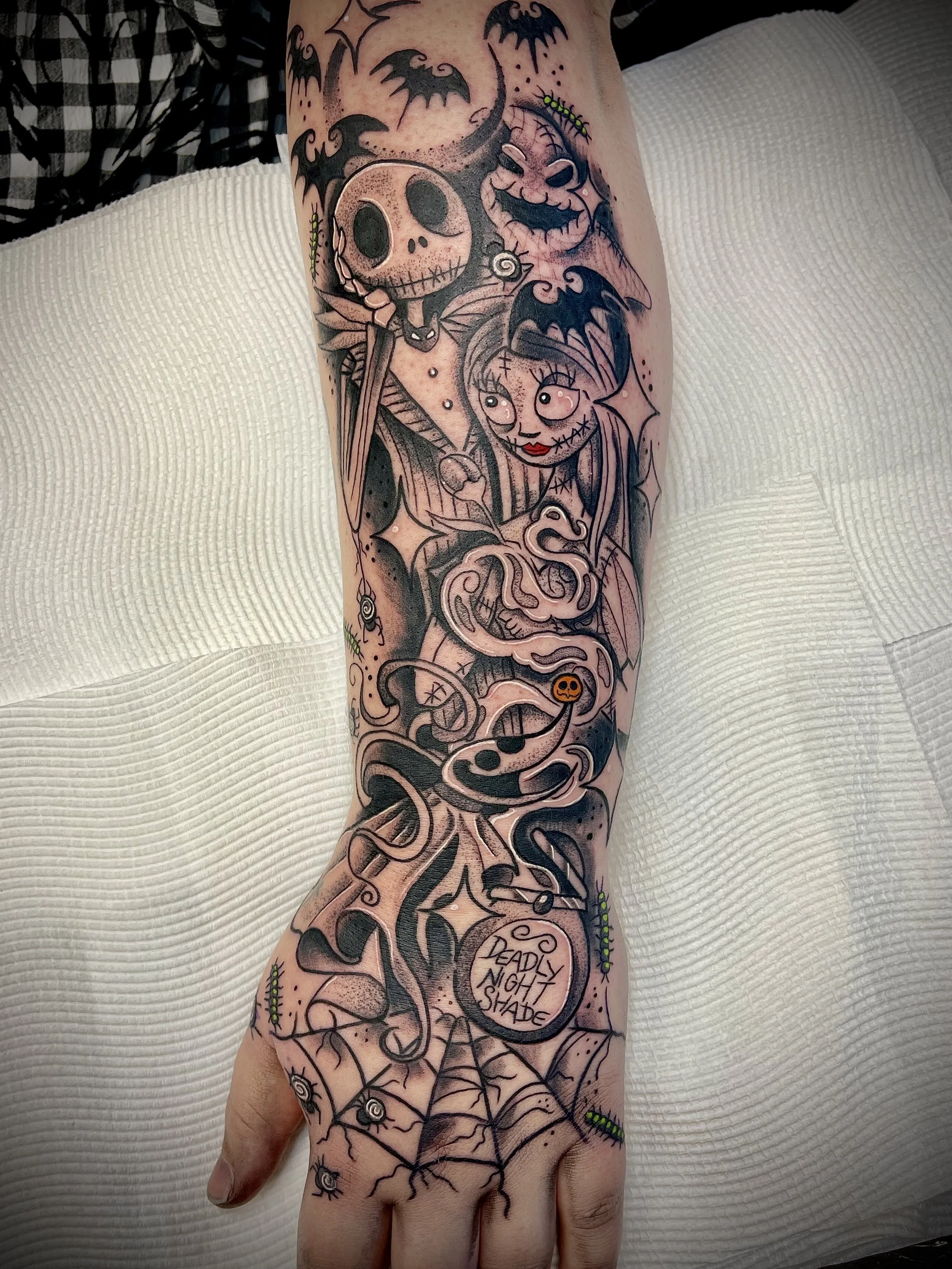 Nightmare before Christmas Fine line black and grey cartoon tattoo design by Leasy Tattoo
