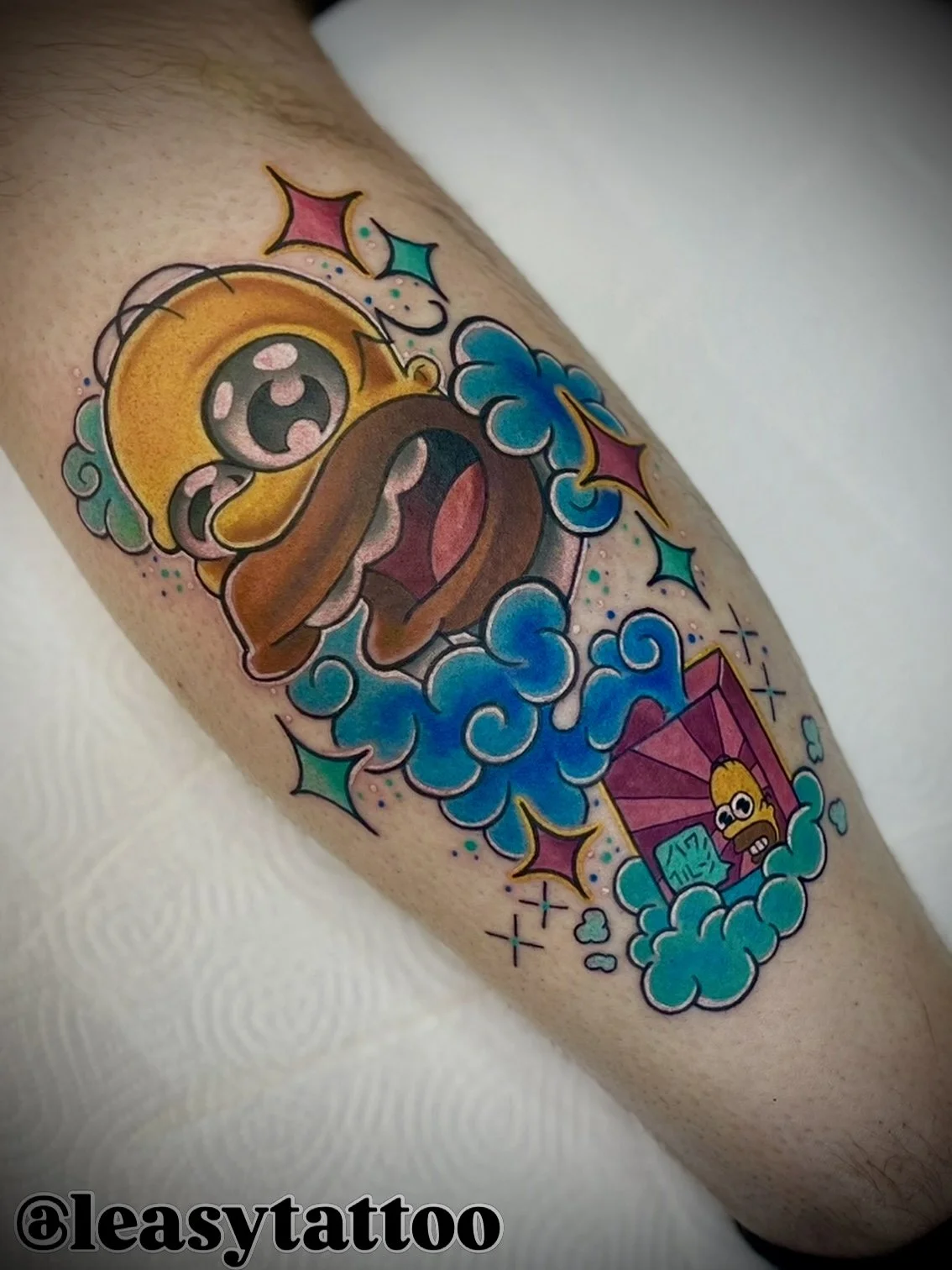 Simpsons Mr sparkles homer colour cartoon tattoo by Leasy Tattoo Newcastle NSW