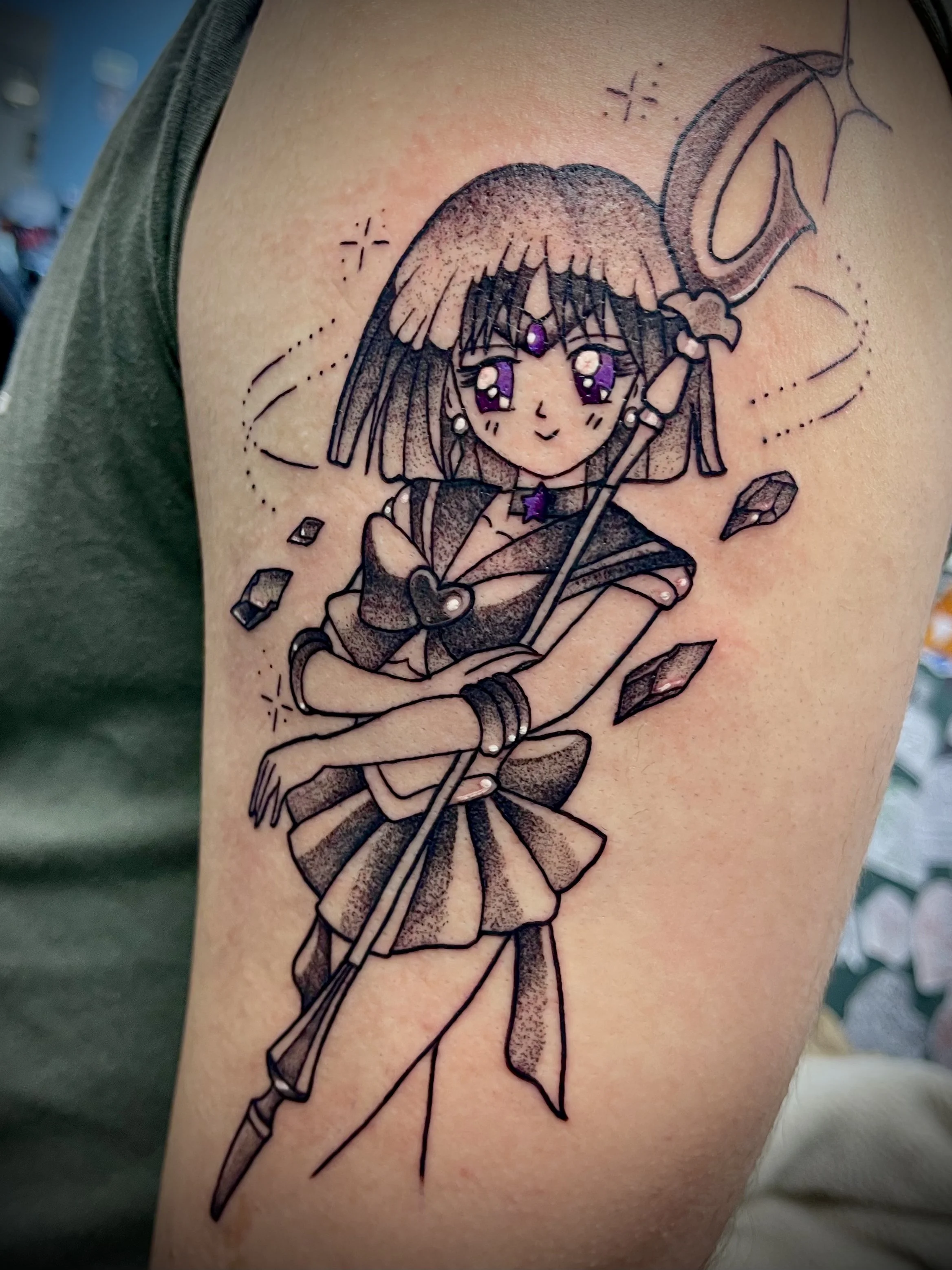 Black and grey Sailor Moon cartoon anime tattoo designed by Leasy Tattoo Newcastle