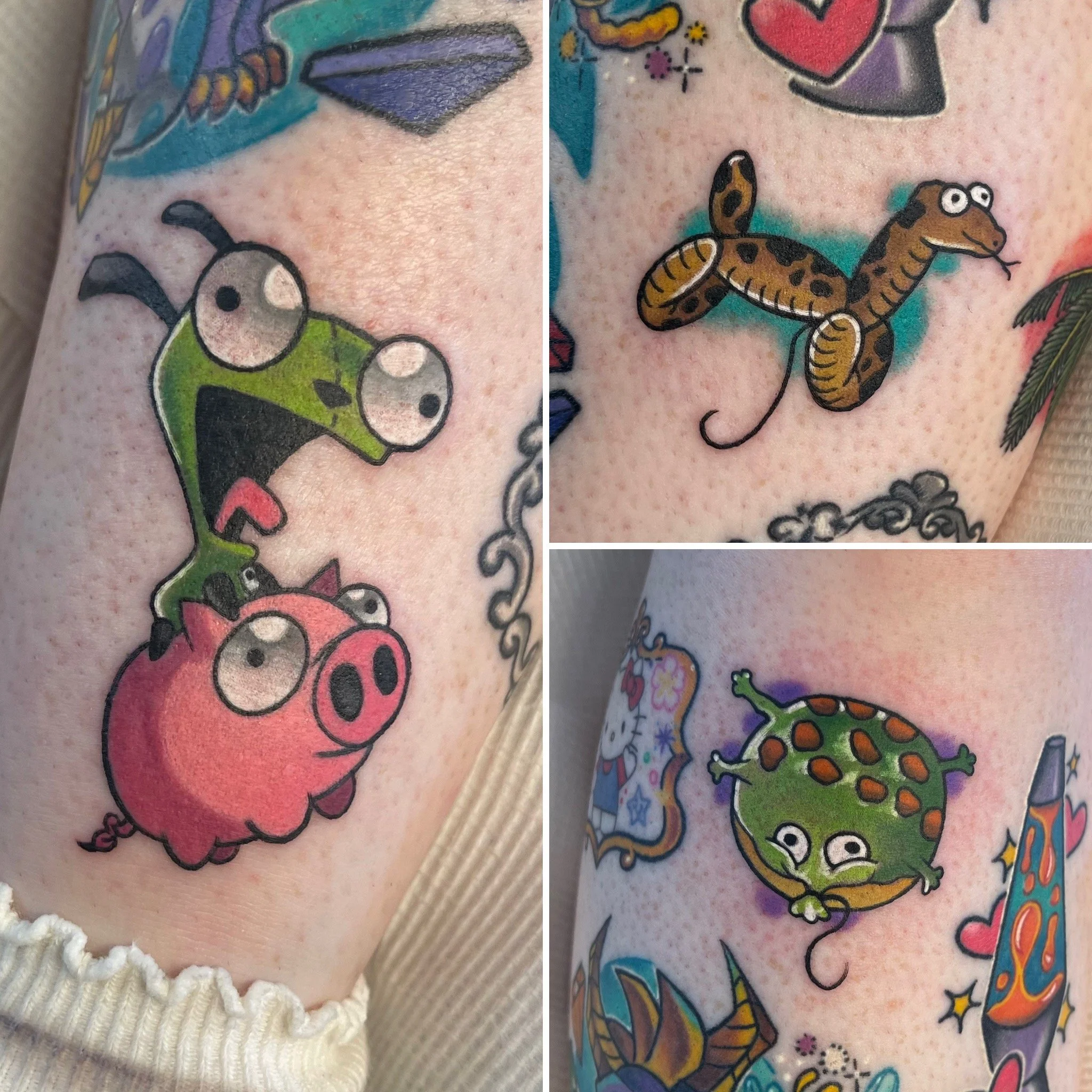Close-up of colorful tattoos on skin, featuring cartoon animals, hearts, and various bright designs.
