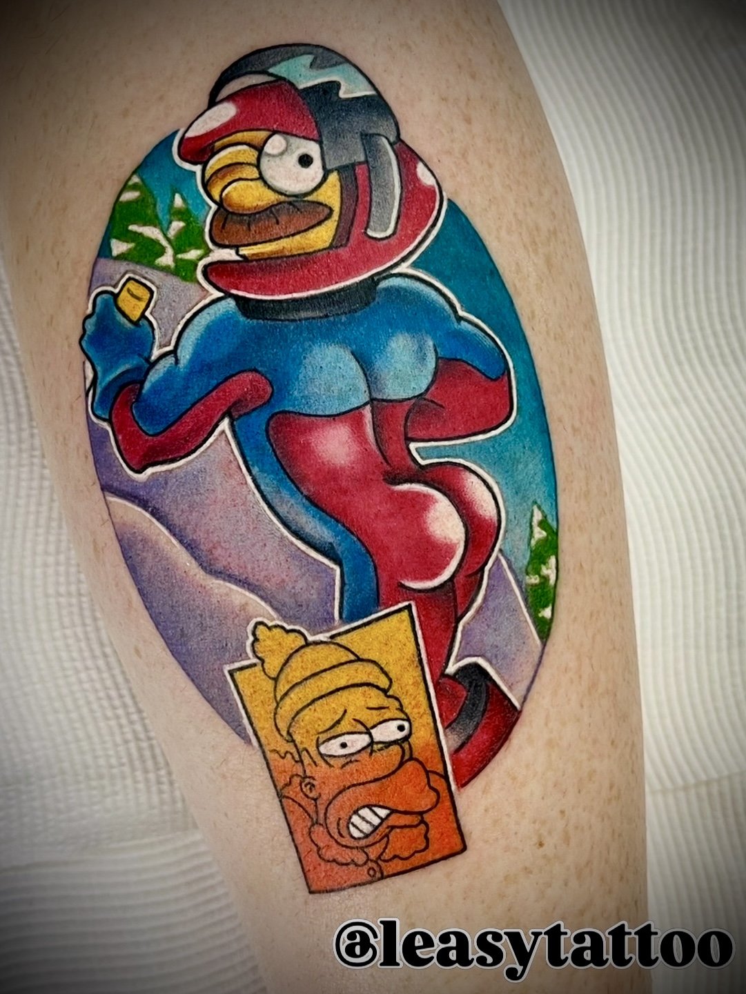 Simpsons sexy flanders colour cartoon tattoo by Leasy tattoo Newcastle NSW