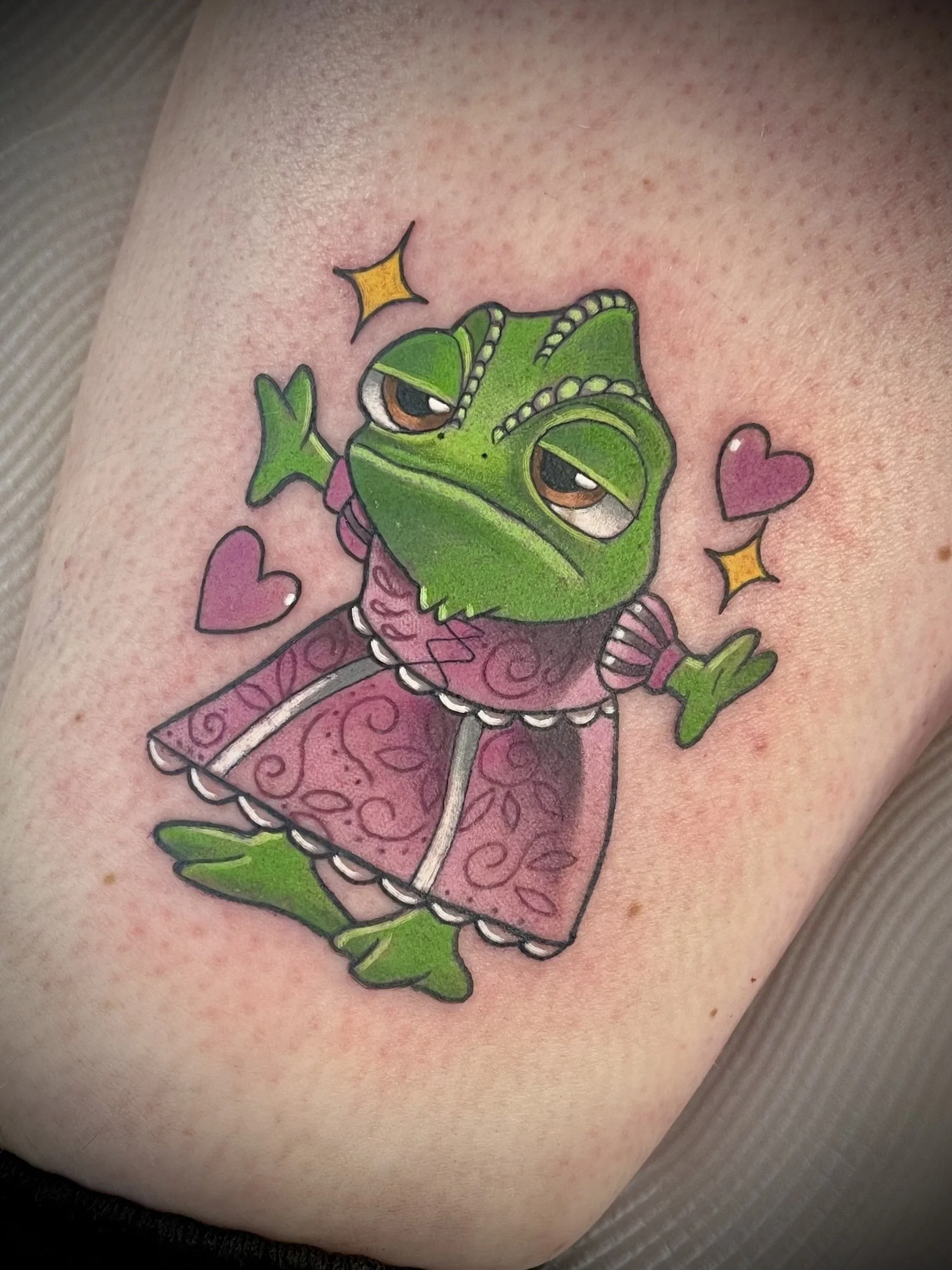 Pascal from tangled lizard dragon colour cartoon tatttoo by Leasy Tattoo Newcastle NSW