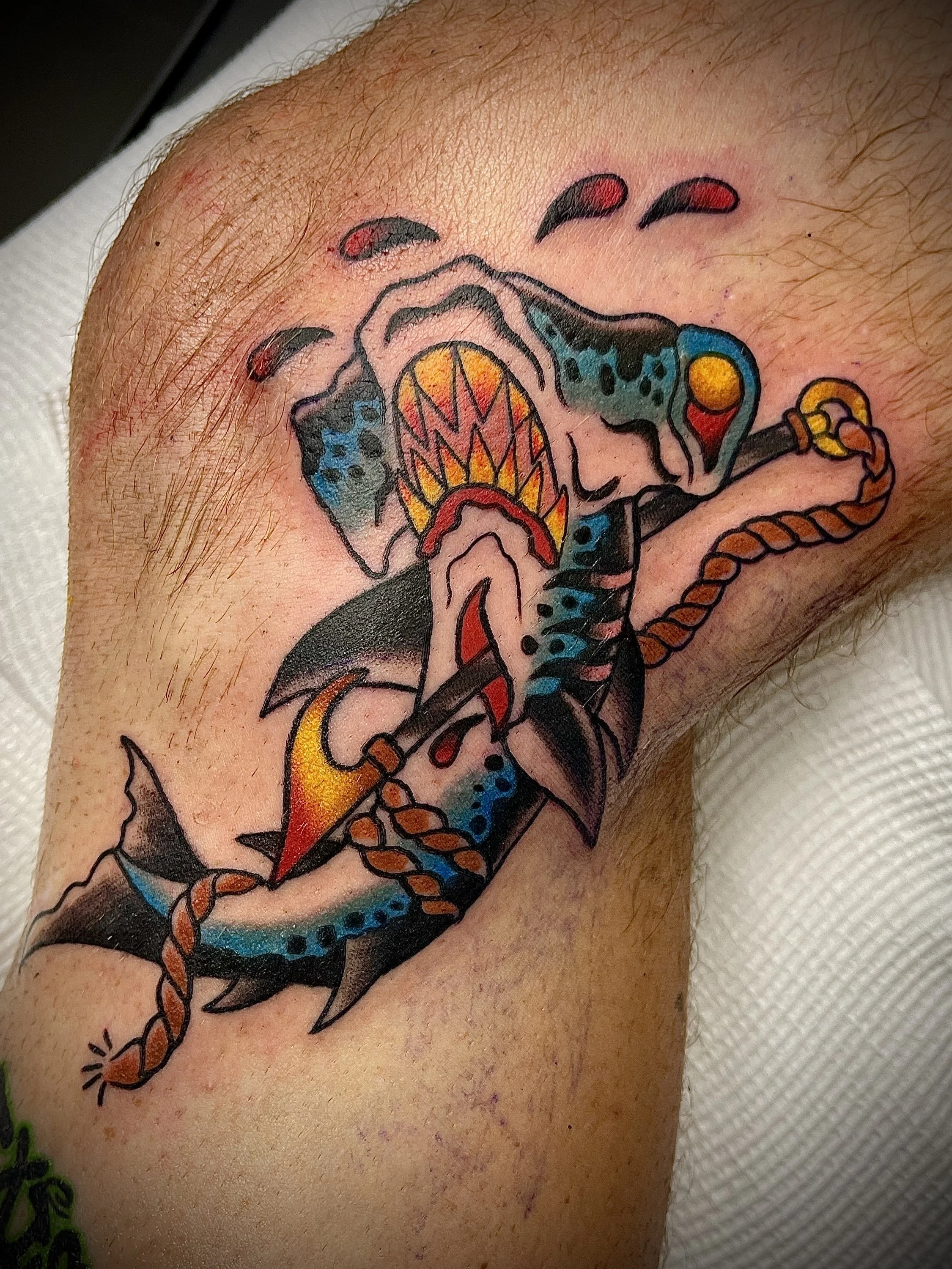 Neo-traditional style colourful shark tattoo by Leasy Tattoo Newcastle