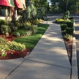 Sidewalk with landscaped garden beds on both sides, featuring bushes and colorful flowers, in a residential area.