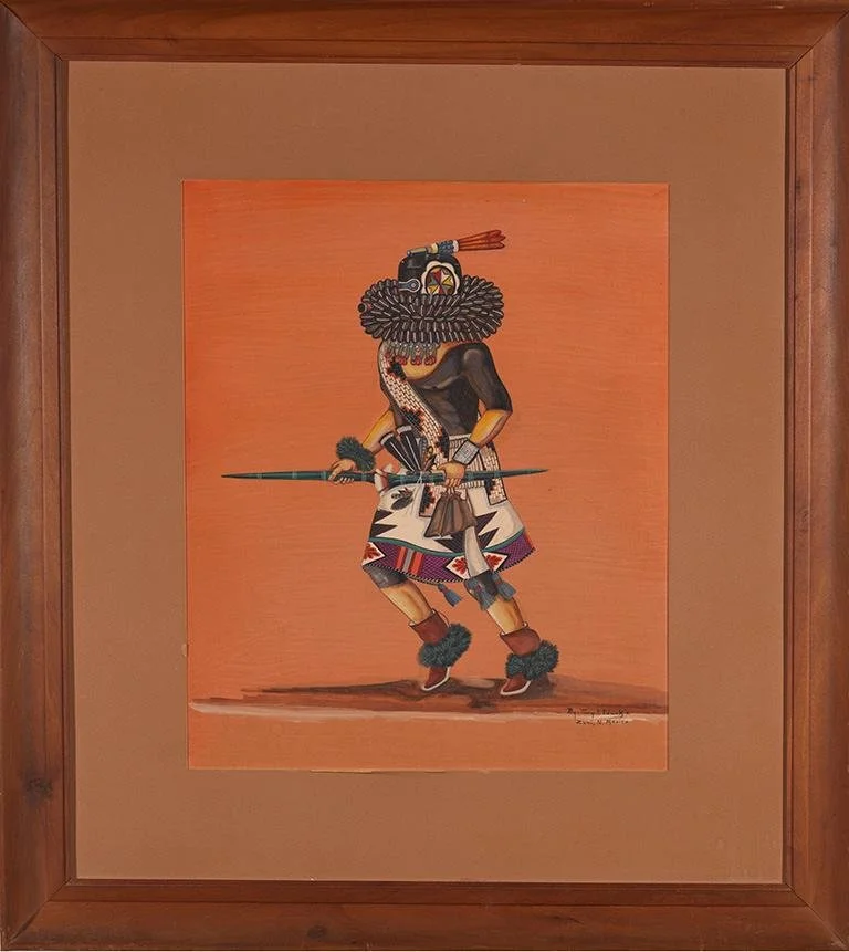 Painting of a traditional Native American dancer in colorful attire, holding a spear, wearing moccasins and a feathered headdress, with a bright orange background.