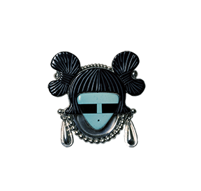 A Zuni face with black and white hair, wearing earrings, and a necklace.