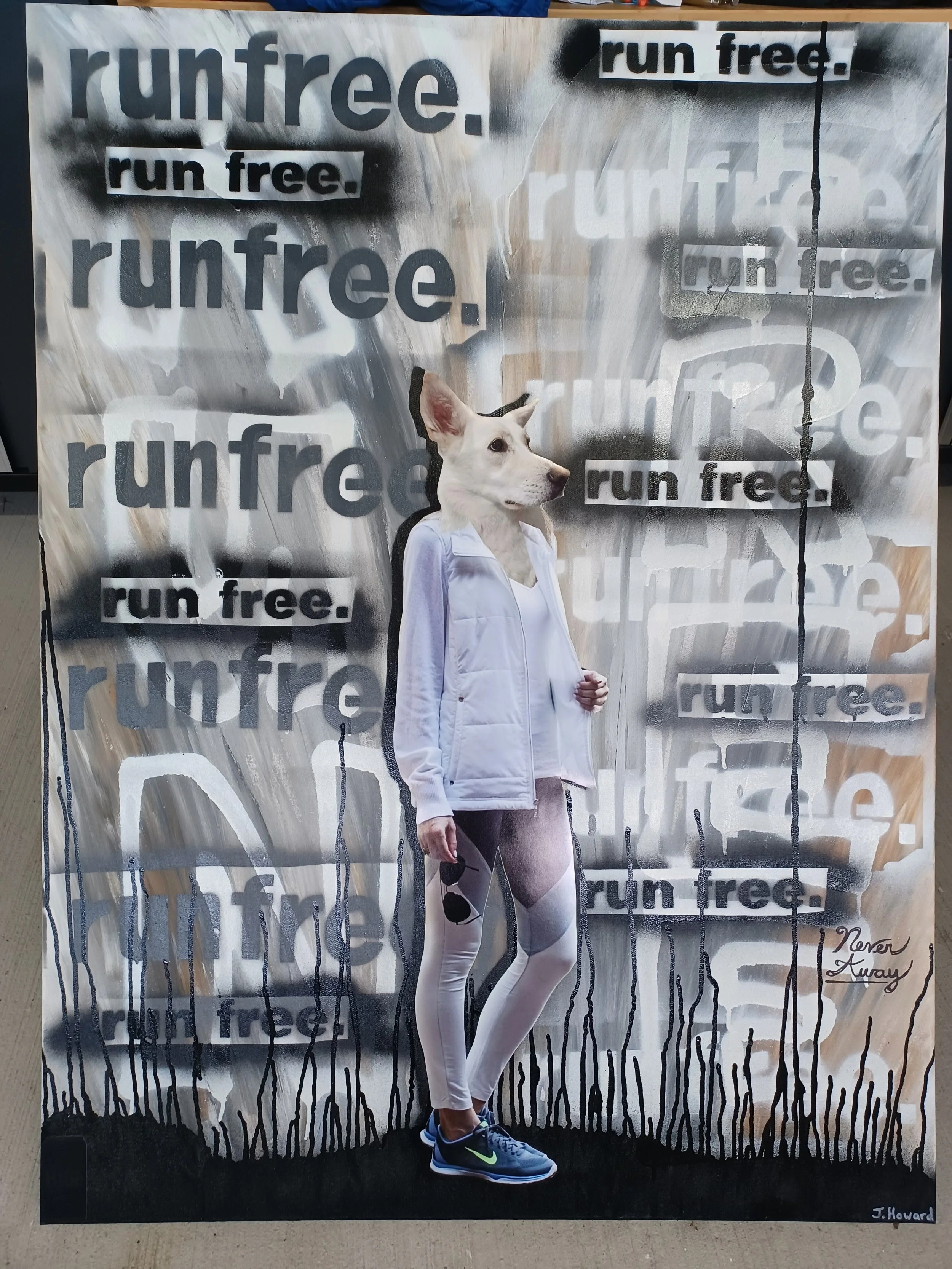 A mixed media artwork featuring a collage of a humanoid figure with a dog's head, wearing leggings, a white jacket, and sneakers, set against a graffiti-style background with repeated texts reading 'run free.'