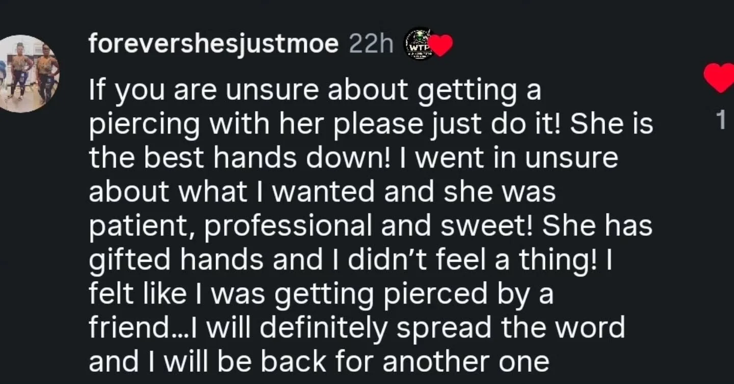 .................

See, everyone loves Myia! If you&rsquo;re thinking about that next piercing, Myia (@_prettypiercer ) is your girl. 

You can book online at ilmtattoo.com or stop by the shop Tuesday - Saturday! 🤗

Oh and incase you didnt know, she