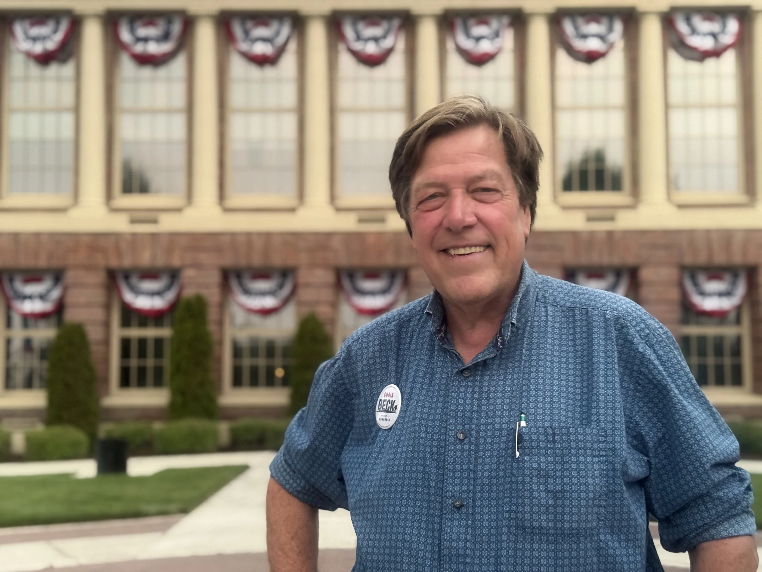 On the campaign trail, standing in front of  Redmond City Hall, which used to be the high school where my grandfather taught agriculture.