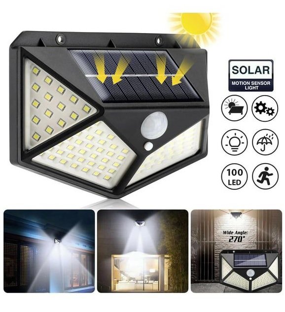 Lámpara Solar de Pared 100 LED - Sensor de Movimiento y Gran Angular 270°.