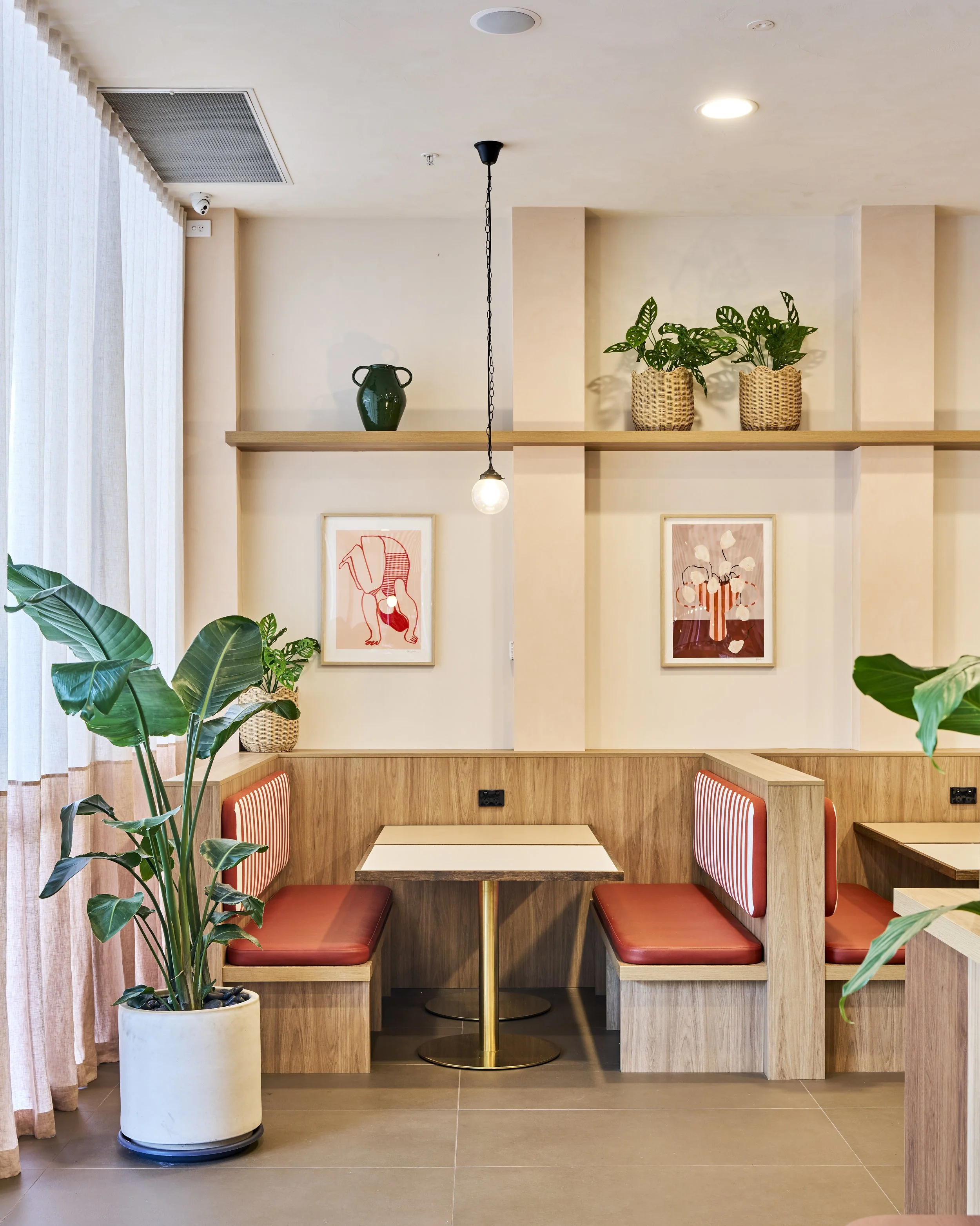 A cozy cafe corner with two booths featuring red and white striped cushions and wooden panel backs. There are potted plants including a large leafy plant on the left and smaller plants on a shelf above. The wall is decorated with framed artwork, and a small hanging light fixture is in the center. The space has a warm, inviting atmosphere with natural light coming through sheer curtains.