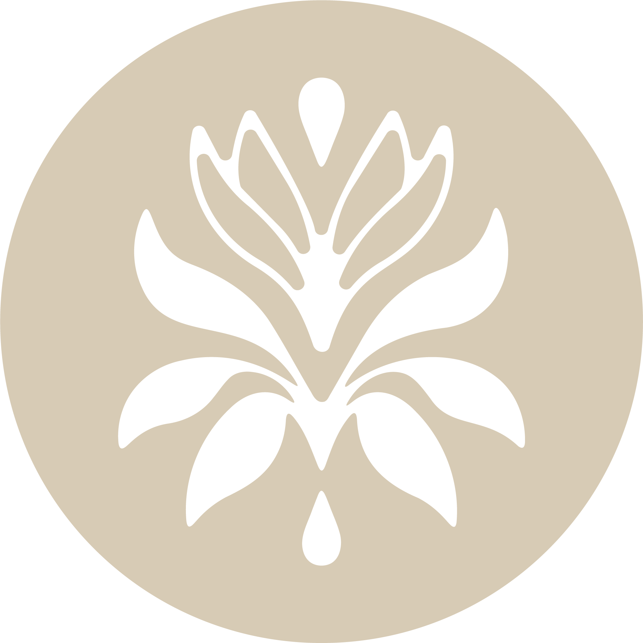 A decorative black floral design on a beige circular background with a black outer ring.