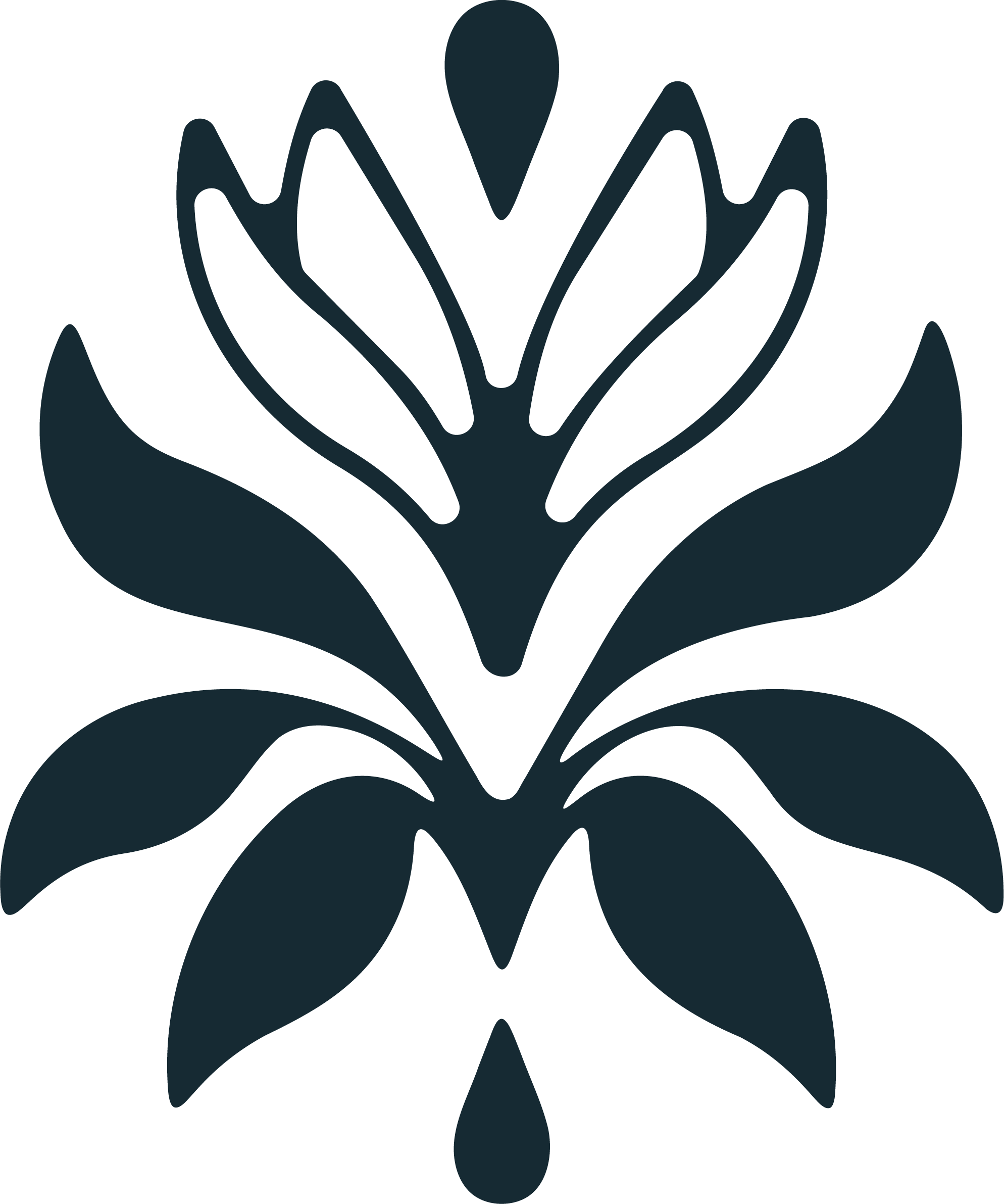 Stylized floral design in dark blue on black background.