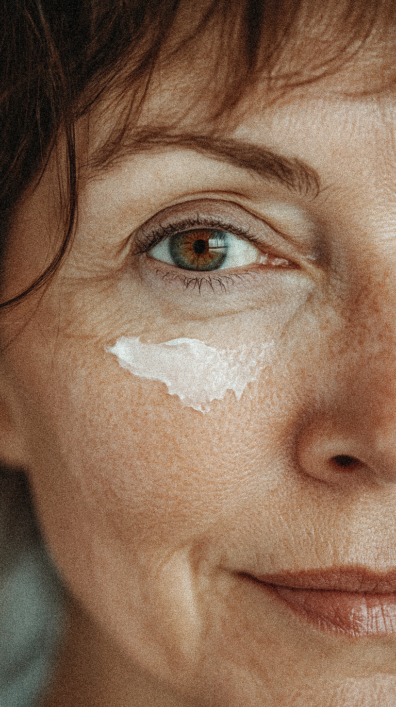 Close-up of a woman's face with a smear of white cream under her left eye, smiling slightly.