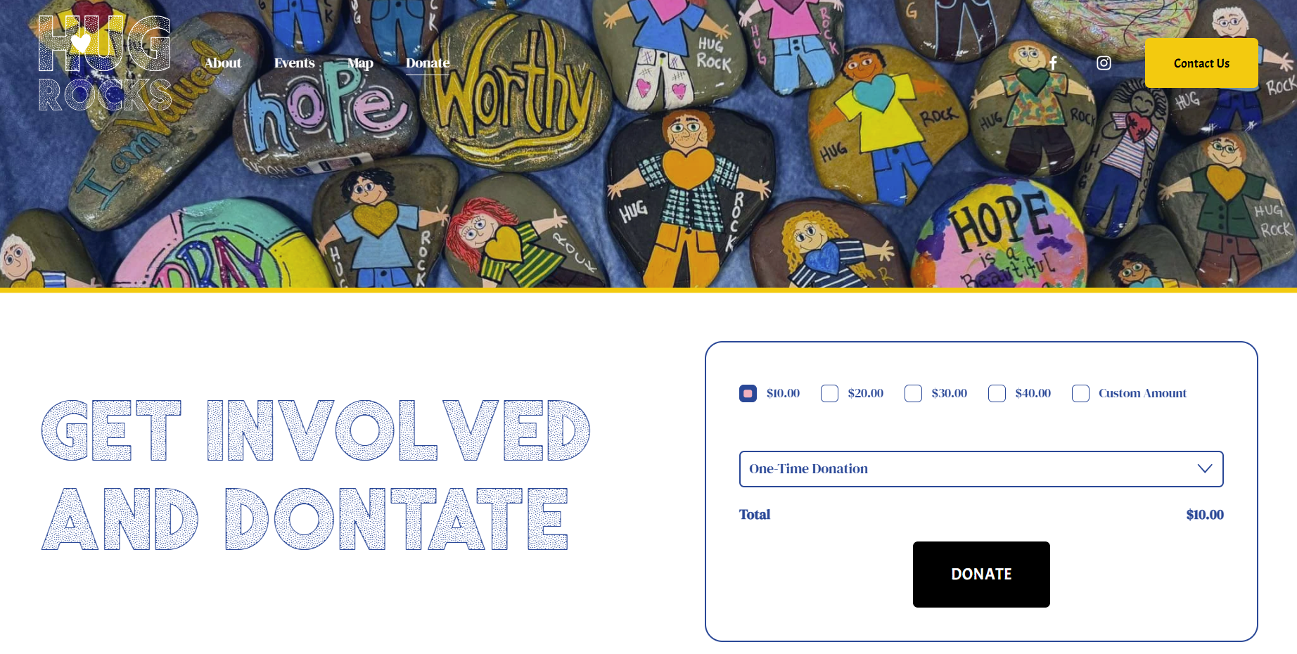 The donation page of a website designed by Price Nine Designs for the client of a nonprofit kindness charity Hug Rocks