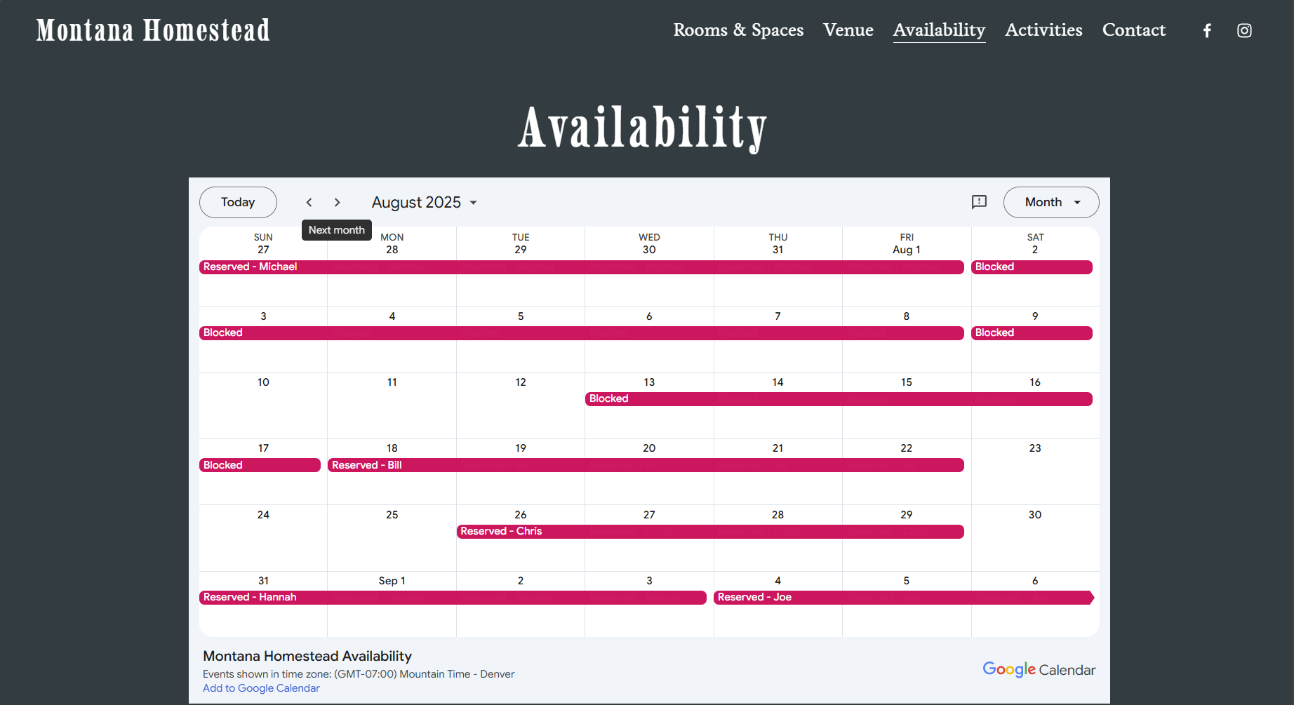 The availability page with a linked google calendar of a website designed by Price Nine Designs for the client of a vacation rental Montana Homestead