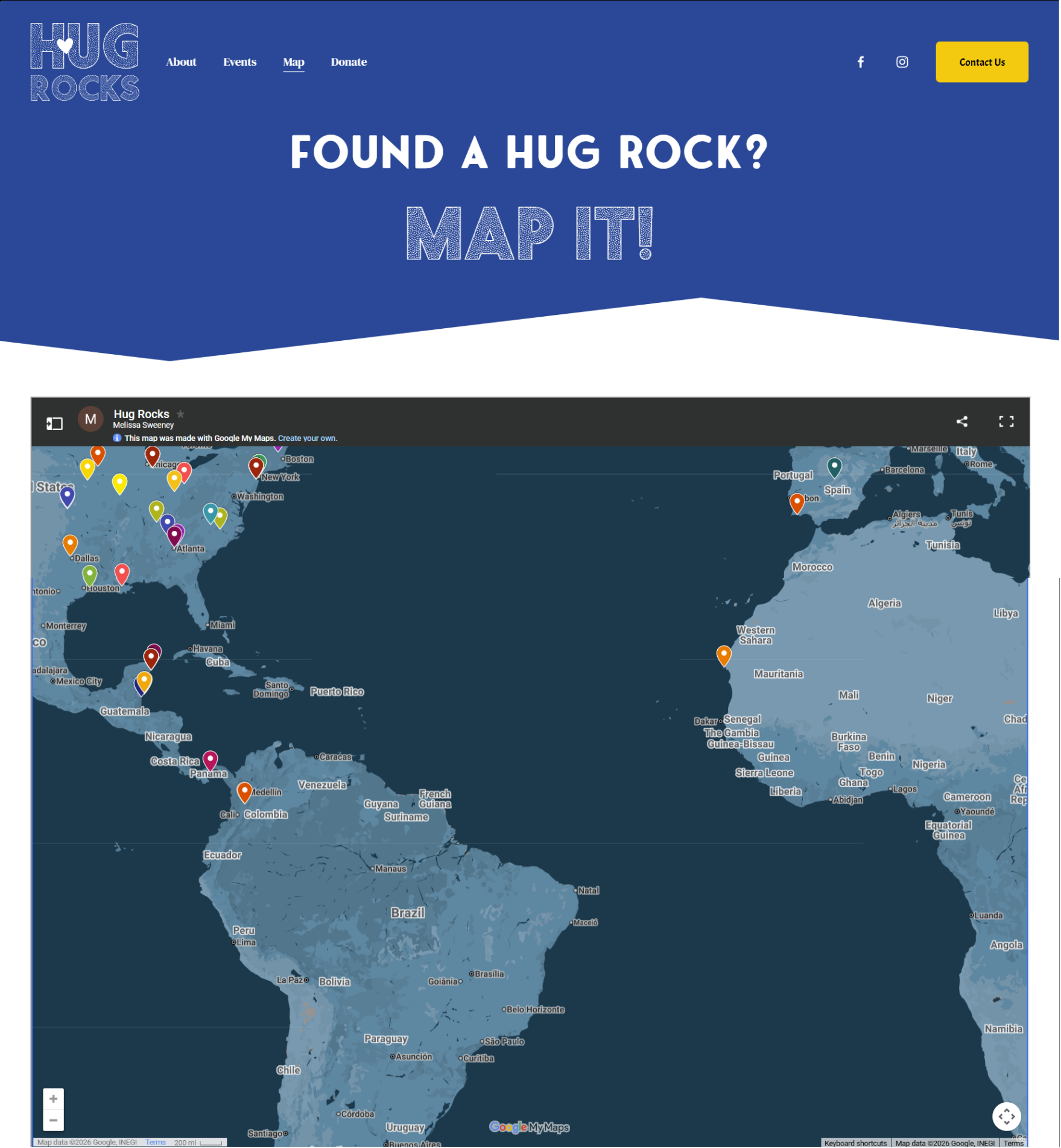 The map page integrated with a google map of a website designed by Price Nine Designs for the client of a nonprofit kindness charity Hug Rocks