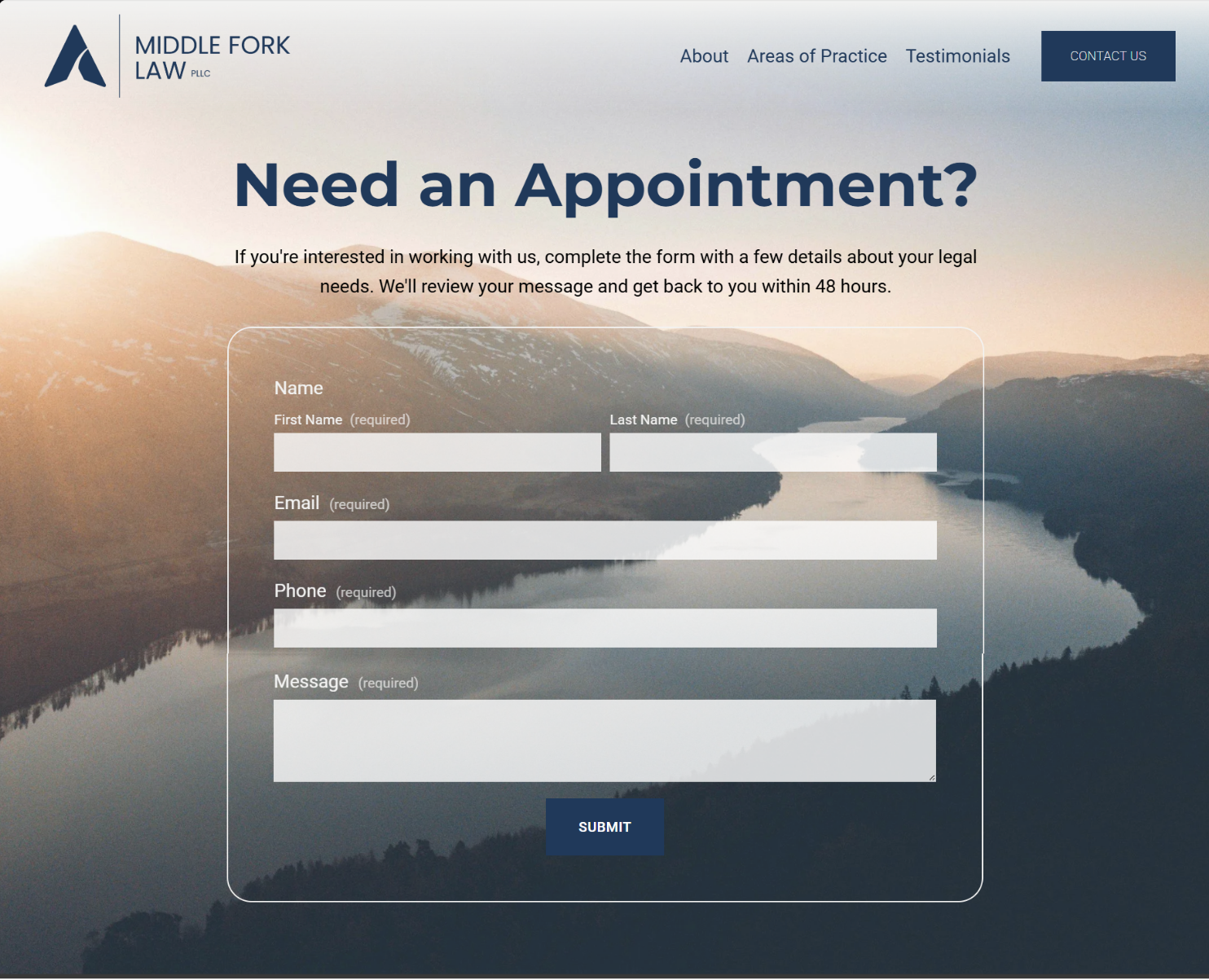 The contact page of a website designed by Price Nine Designs for the client legal services at Middle Fork Law