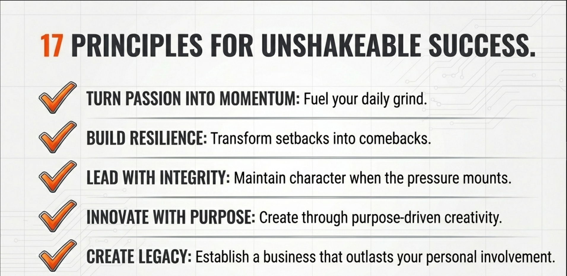 An infographic listing five principles for unshakable success, each with a check mark: Turn Passion Into Momentum, Build Resilience, Lead With Integrity, Innovate With Purpose, Create Legacy.