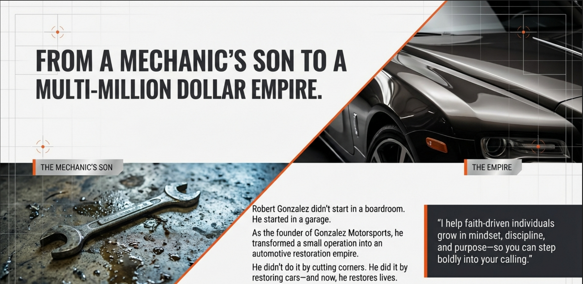 A comparison graphic showing Robert Gonzalez's garage workshop to Gonzalez Motorsports, with a sleek black sports car, a wrench covered in oil and water, and text about his journey from mechanic's son to successful automotive empire.