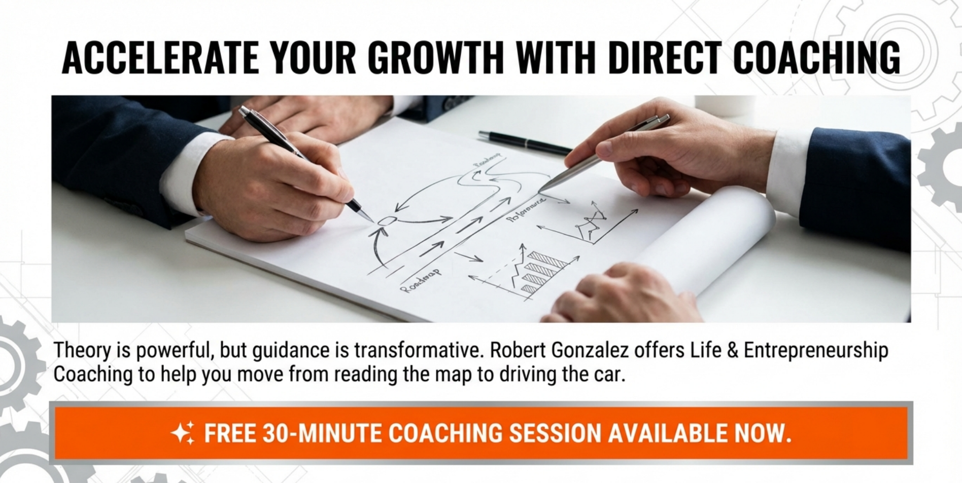 A diagram with handwritten notes and arrows on paper, showing a road map and graphs, with two people in business suits discussing. One is writing, the other is pointing to the paper.