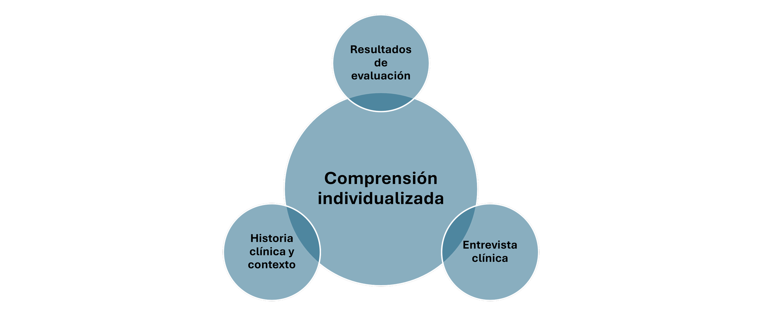 La valoración integra resultados de evaluación, historia clínica y contexto, y entrevista clínica para una comprensión individualizada.