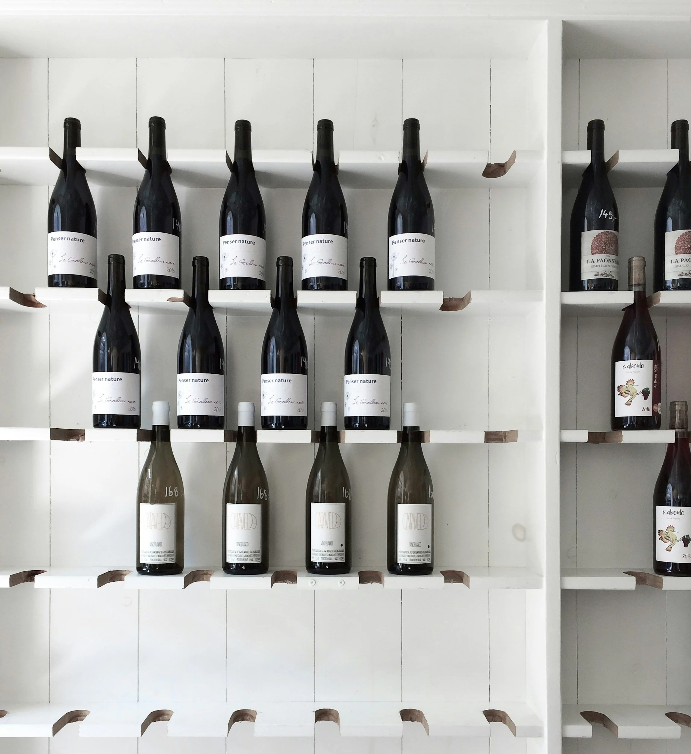 Black and white photo of a bottle shop wall, wine bottles neatly arranged