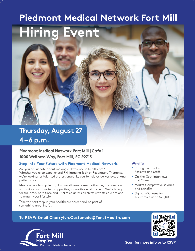 Two Hiring Events in Fort Mill in August Hosted by Piedmont Medical Network